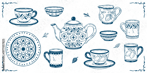 Hand-drawn vector collection of Mediterranean ceramic tea set: cups, mugs, teapot, bowls, and creamer. Decorated with lemons, olives, and geometric botanical motifs. Perfect for kitchen, cafe designs