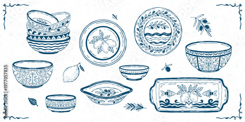 Hand-drawn vector collection of Mediterranean ceramic dining set: plates, bowls, and serving dishes decorated with lemons, olives, and geometric botanical motifs. Perfect for kitchen and dining