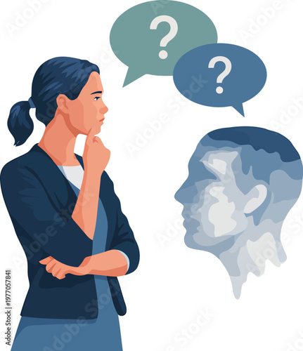 Woman pondering with a ghostly profile and question marks