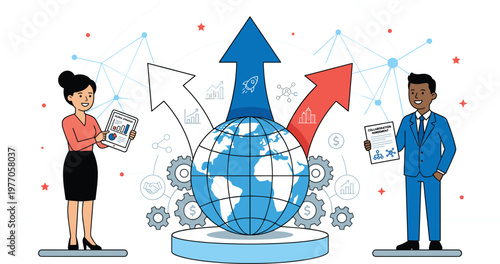 Global business growth concept with professionals analyzing data arrows and world globe representing expansion strategy and international market development illustration.eps