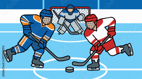 Ice Hockey Game Illustration with Players, Goalie, and Puck on Rink
