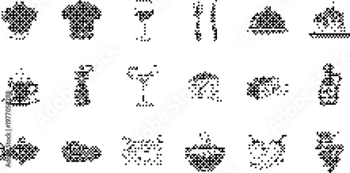 Food Icons Pixelated Bitmap Halftone Dotted Dither Vector Graphic Element Set