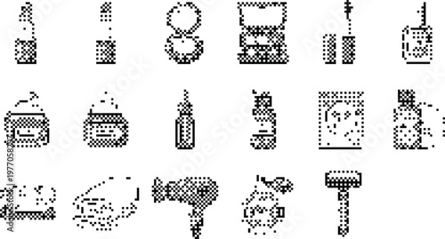 Cosmetics Pixeled Bitmap Halftone Dotted Dither Beauty Makeup Skincare Haircare Razor Icons Vector