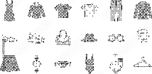Clothing Icons Pixelated Bitmap Halftone Dotted Dither Vector Apparel Fashion Garment Wearable Outfit Wardrobe Dress Shirt