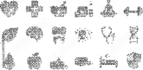 Icon Set Pixelated Bitmap Halftone Dotted Dither Vector Graphic Design Element UI UX App Web