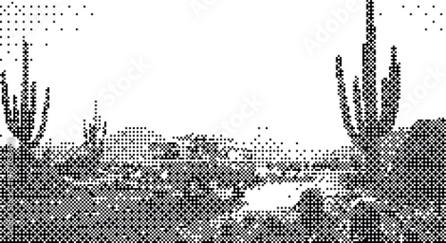 Desert Landscape Pixeled Bitmap Halftone Dotted Dither Vector Illustration Background Pattern Texture Graphic Design Element