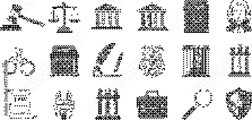 Law Justice Icons Pixelated Bitmap Halftone Dotted Dither Vector Set
