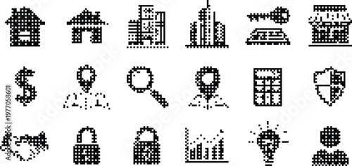 Business Icons Pixelated Bitmap Halftone Dotted Dither Vector Set