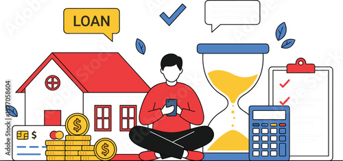 Loan management concept with person using smartphone house savings coins and financial planning tools representing budgeting credit and personal finance illustration.eps