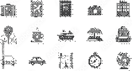 Travel Icons Pixelated Bitmap Halftone Dotted Dither Vector Set Isolated White
