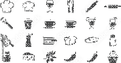 Food Icons Pixelated Bitmap Halftone Dotted Dither Chef Hat Coffee Cup Bread Pepper Chili