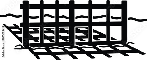 Black and White Silhouette of a Submerged Industrial Water Gate or Underwater Grid Structure