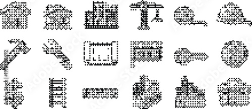 Construction Icons Pixelated Bitmap Halftone Dotted Dither Vector Set Isolated