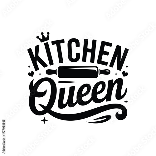 Kitchen queen typography with rolling pin and decorative flourishes