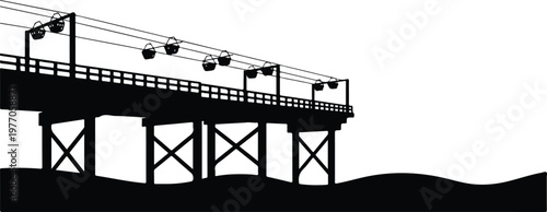 Black and White Silhouette of a Cable Car Pier with Aerial Gondolas over Ocean Waves