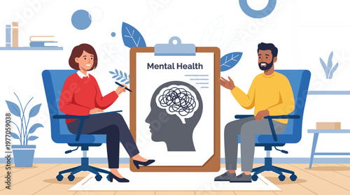 Mental health counseling session with therapist and client discussing emotions and psychological wellbeing in supportive environment illustration.eps