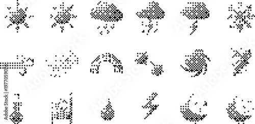Weather Icons Pixelated Bitmap Halftone Dotted Dither Vector Graphic Element Set UI UX App Web Design