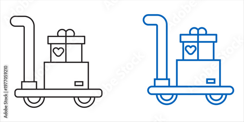 Minimalist line art icon of a hand truck carrying gift boxes, delivery and logistics concept, outline and blue stroke style.