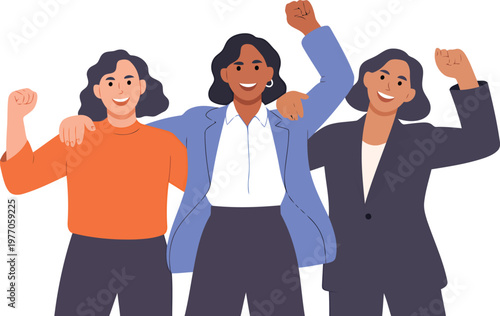 拳を突き上げて成功を祝う女性たち