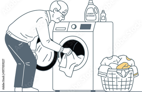 Man loading clothes into washing machine with laundry basket representing household chores cleaning routine and domestic life illustration.eps