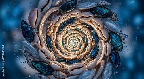 Abstract Spiral Composition of Shells and Water Droplets in Blue Tones.