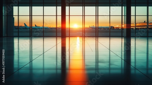Modern airport waiting area with large glass window reflecting the a vibrant golden sunrise over the busy airfield, featuring parked aircraft and passenger jetways, conveying travel and journey