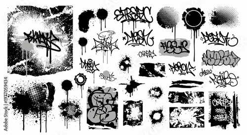 Graffiti Art Elements: Spray Paint Splatters, Tags, Drips, Stencils, Grunge Textures