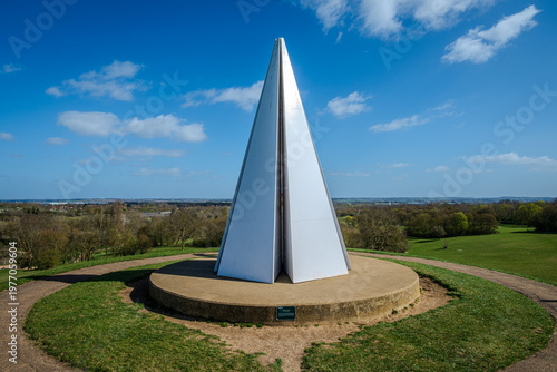 The Light Pyramid monument on the top of the hill at Campbell Park in Milton Keynes on sunny day in early Spring