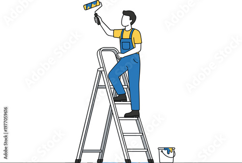 Painter standing on ladder using roller brush representing home renovation interior painting maintenance and improvement work illustration.eps