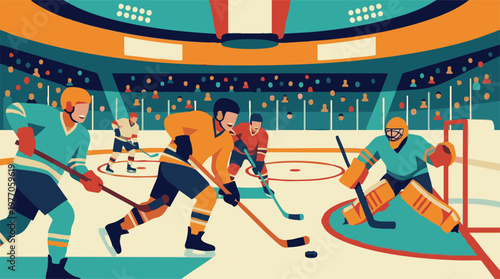 Ice hockey game in action with players and goalie on rink in flat design style
