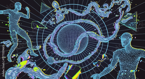 Abstract Digital Art: Wireframe Humans, Swirling Energy, and Geometric Shapes in Futuristic Grid