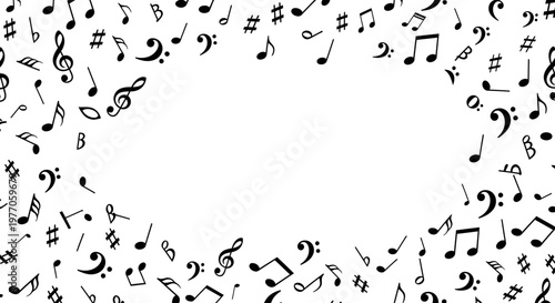 Abstract musical notes and symbols scattered on a white background, music concept
