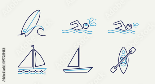 Summer Water Sports Icons: Surfing, Swimming, Sailing, Kayaking