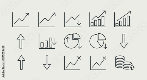 Financial Growth Icons: Upward Trends, Charts, Graphs, and Coins
