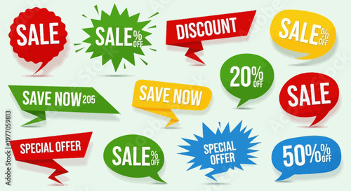 Collection of colorful sale and discount tags, labels, and stickers for retail promotion