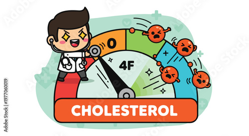 Cartoon illustration of a young man with a happy expression pointing to a large cholesterol molecule with harmful