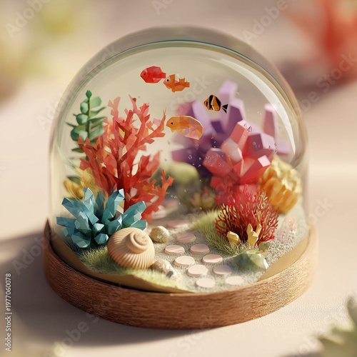 A decorative glass dome displays a miniature underwater scene with colorful coral, pebbles, and small geometric fish swimming peacefully