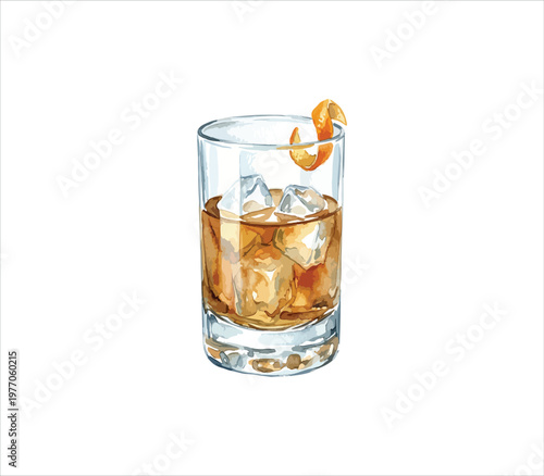 Glass of whiskey or cognac with ice cubes and orange peel garnish on white