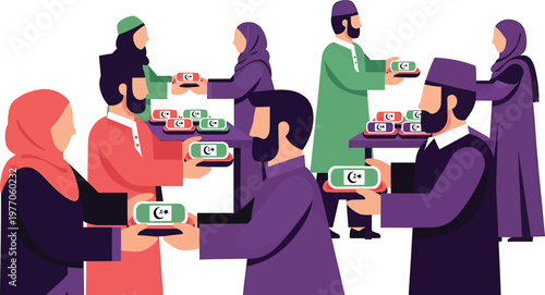 a group of people in different colored robes and headscarves are passing food