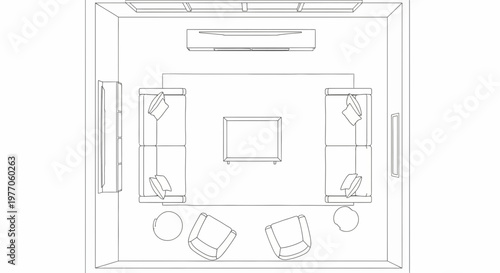 Home theater room layout with sofa, chairs, tv, and sound system