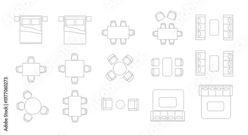 Top View Furniture Layouts: Beds, Tables, Chairs, Sofas, Shelves - Interior Design Elements