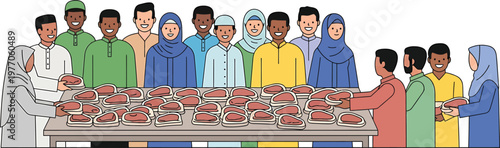 a group of people standing around a table with plates of food