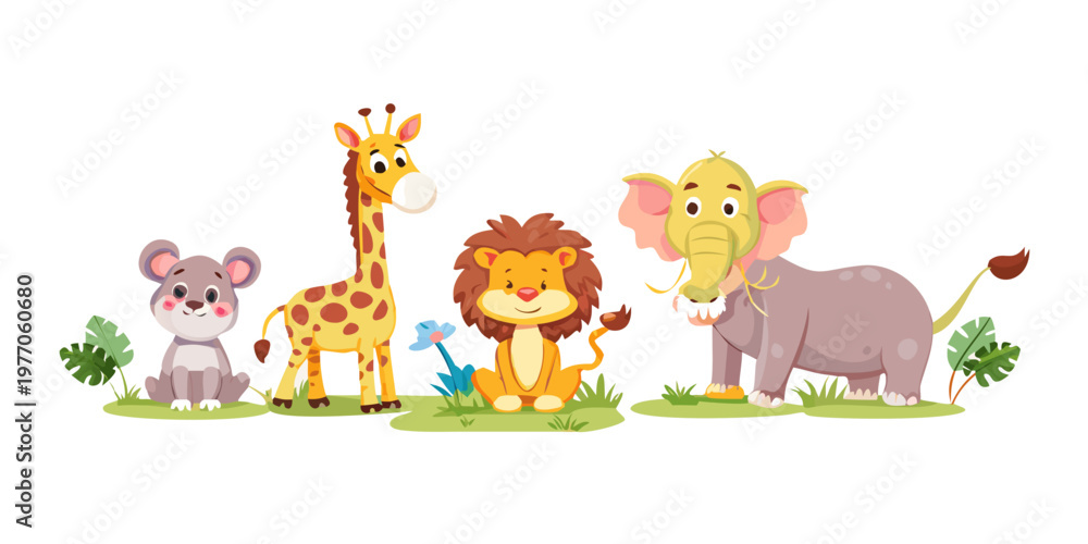 Fototapeta premium Cute Cartoon Jungle Safari Wild Animal Character Lion Elephant Giraffe Vector Illustration Isolated Set 