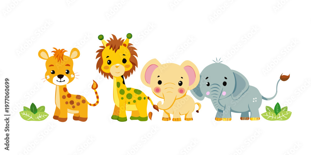 Naklejka premium Cute Cartoon Jungle Safari Wild Animal Character Lion Elephant Giraffe Vector Illustration Isolated Set 