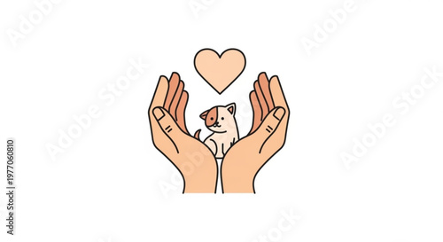 Hands holding a small dog with a heart above symbolizing pet adoption and care simple illustration for veterinary or animal welfare concepts