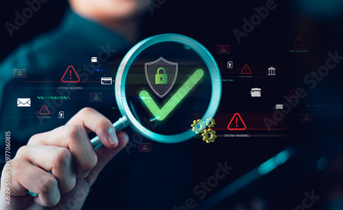Cybersecurity analyst verifies data protection system using magnifying glass, ensuring network security, risk management, threat detection, privacy compliance, and secure digital infrastructure.