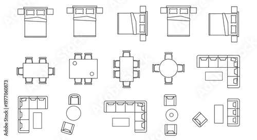 Top View Furniture Icons: Beds, Dining Tables, Sofas, Chairs, and Coffee Tables
