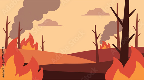 Wildfire raging through a forest landscape with smoke and burning trees
