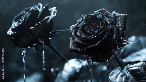 Two black roses stand in a dark space. Water drops cover the petals and leaves. Light reflects off the drops, creating a striking look. A moody atmosphere is present.