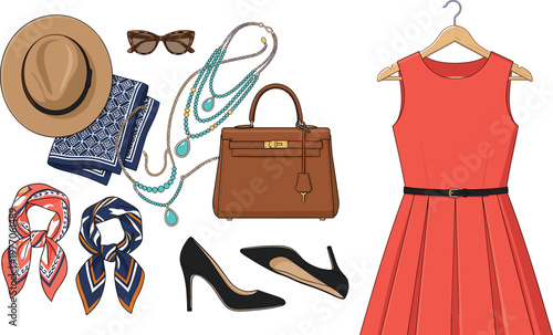 Women fashion outfit set with dress accessories shoes handbag and jewelry representing stylish wardrobe collection and modern clothing illustration.eps
